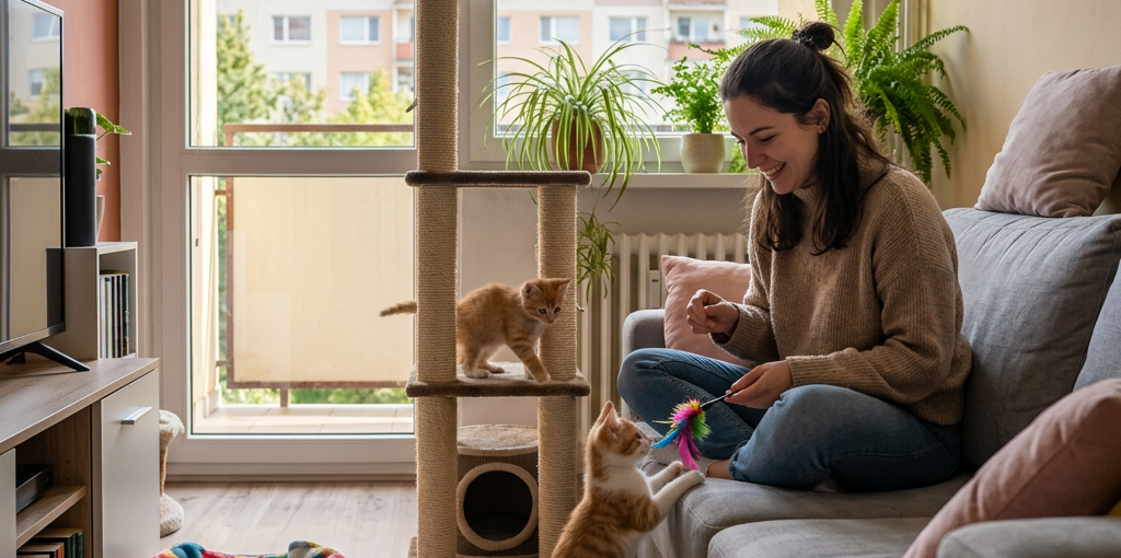 Kiscicák játszanak egy panellakásban, biztonságos játékszerekkel és macskabútorokkal körülvéve.